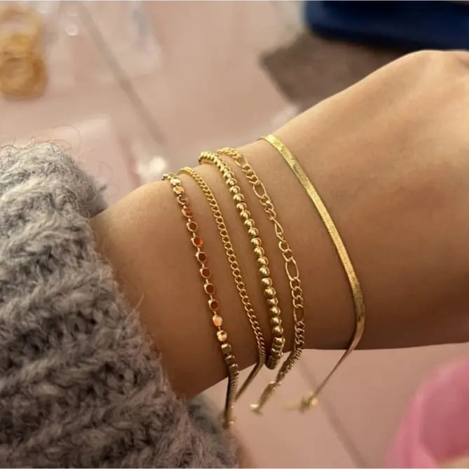 TEWIKY Women's 5-Piece Thin Dainty Gold Aesthetic Bracelet Stack Set, Chain Styles Including Paperclip, Cuban Link & Greenish Beads, Adjustable 6.5in Metal Coating Jewelry for Everyday Wear, Casual, Stackable Sets
