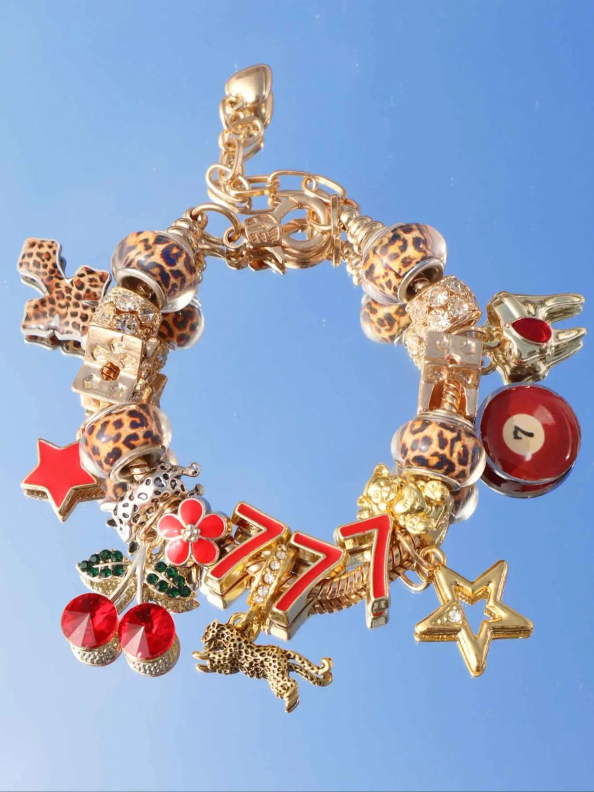 Leopard Print Cherry Charm Bracelet, Star Girl Cross Bracelet, Lucky Number 777 Bracelet, Cherry Tooth Bracelet, Pool Ball 7 Bracelet