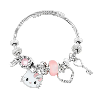 Sanrio Hello Kitty Charm Bracelet with Heart Key & Pink Bead Accents Adjustable Fit Sparkling Design for Sanrio Fans