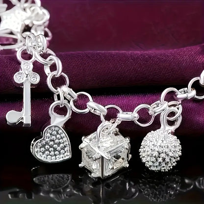 Women's 925 Sterling Silver Baroque Charm Bracelet - Statement Piece with 13 Charms, Heart Key Pendant, Bling Effect, Stacking Option - Ideal Birthday Gift, Jewelry for Women