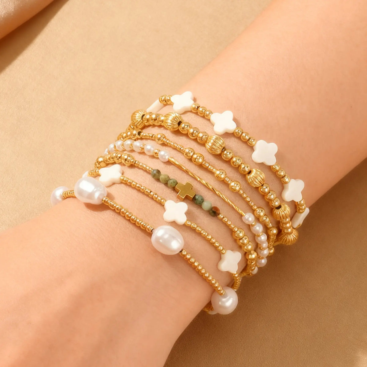 SHINUS Women's Boho Style Jewelry 7PCS Stackable Bracelets Set - Handmade Gold-Plated Cross, Clover, Pearl Beaded Stretch Bangles, Fashion Costume Jewelry Accessories, Teen Girl Gifts