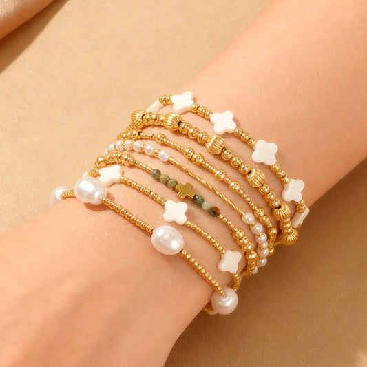 SHINUS Women's Boho Style Jewelry 7PCS Stackable Bracelets Set - Handmade Gold-Plated Cross, Clover, Pearl Beaded Stretch Bangles, Fashion Costume Jewelry Accessories, Teen Girl Gifts