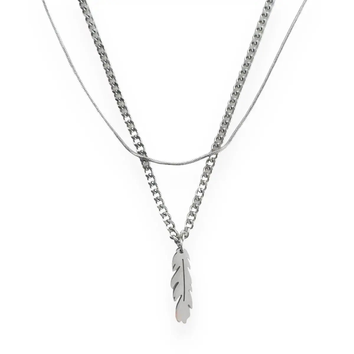 Unisex 2-Layered Hip-Hop Pendant Necklace with Delicate Feather Charm, Polyester Layered Chain Necklaces, 18.0in Adjustable Chain + 1.9in Extension, Streetwear Casual Accessory for Daily Styling