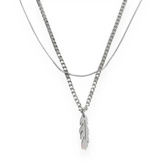 Unisex 2-Layered Hip-Hop Pendant Necklace with Delicate Feather Charm, Polyester Layered Chain Necklaces, 18.0in Adjustable Chain + 1.9in Extension, Streetwear Casual Accessory for Daily Styling