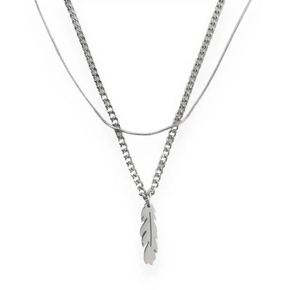 Unisex 2-Layered Hip-Hop Pendant Necklace with Delicate Feather Charm, Polyester Layered Chain Necklaces, 18.0in Adjustable Chain + 1.9in Extension, Streetwear Casual Accessory for Daily Styling