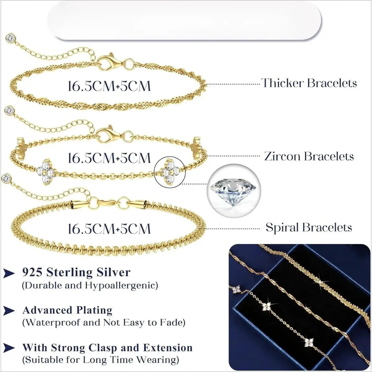 Women's 3pc Adjustable Bracelets Set - 14K Gold-Plated & Silver-Tone Layered Link Chains with Zirconia Beads, 7.9in Classic Exquisite Fashion Wrist Jewelry for Daily Stacking, Jewelry for Women