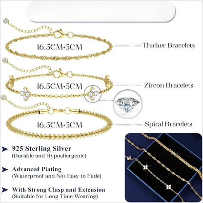 Women's 3pc Adjustable Bracelets Set - 14K Gold-Plated & Silver-Tone Layered Link Chains with Zirconia Beads, 7.9in Classic Exquisite Fashion Wrist Jewelry for Daily Stacking, Jewelry for Women