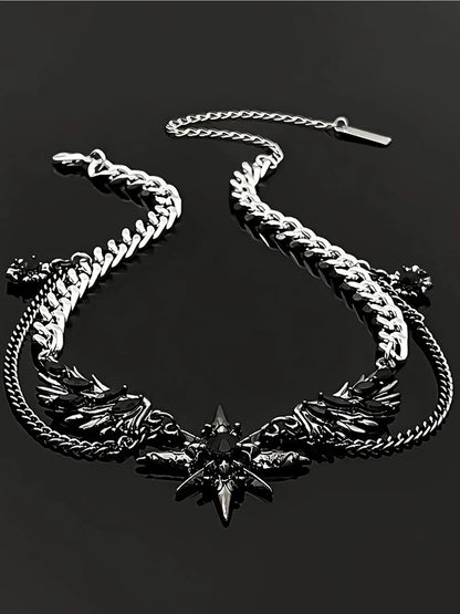 Hiphop Trendy Dark Style Starburst Wings Design Necklace, Punk Personalized Unisex Party Hiphop Necklace, Men Women Fashion Jewelry, Star Shine Necklace, Bling Chain, Alloy Necklace