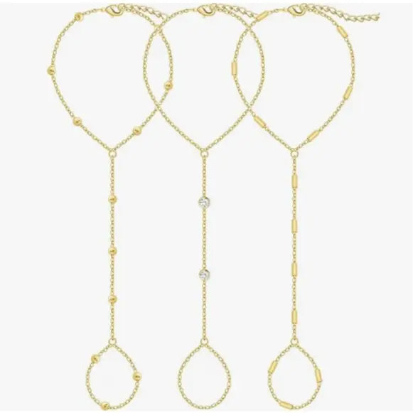 17KM 3Pcs New Dainty Stackable Ring Hand Chain, Adjustable 14K Gold-Plated Trendy Bracelets for gift summerwins, Gold Stacked Bracelets, Layered Gold Bracelets