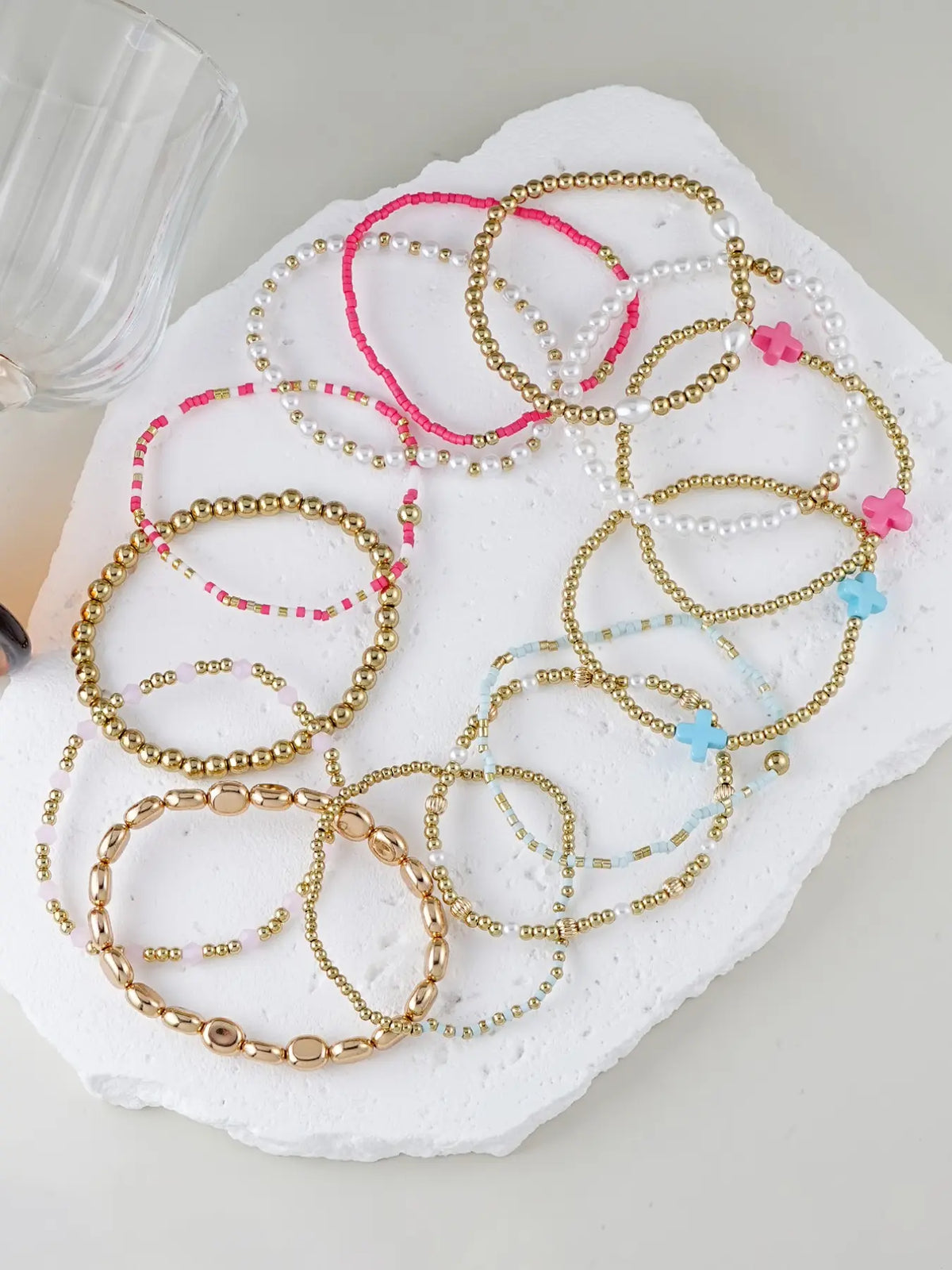 13-Piece Women's Cross Bracelet Set, Colorful CCB Beads, Faux Pearl Layered Elastic Bracelet, Birthday Gift, Multilayered Design, Beaded Bracelet Sets, Stacked Design Bracelets