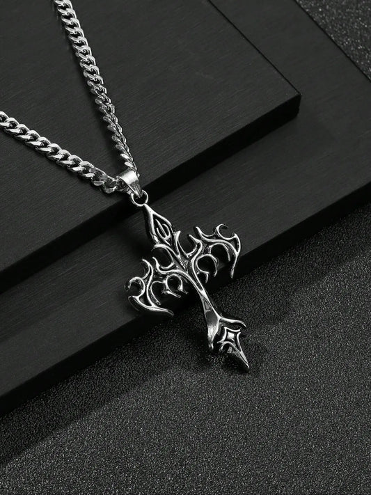 Men's Fashion Hip Hop Vintage Cross Pendant Necklace, Cuban Link Chain Necklace, Street Style Urban Edge Trendy Jewelry, Gothic Cross Design, Unique Fashion Accessory, Cross Necklaces