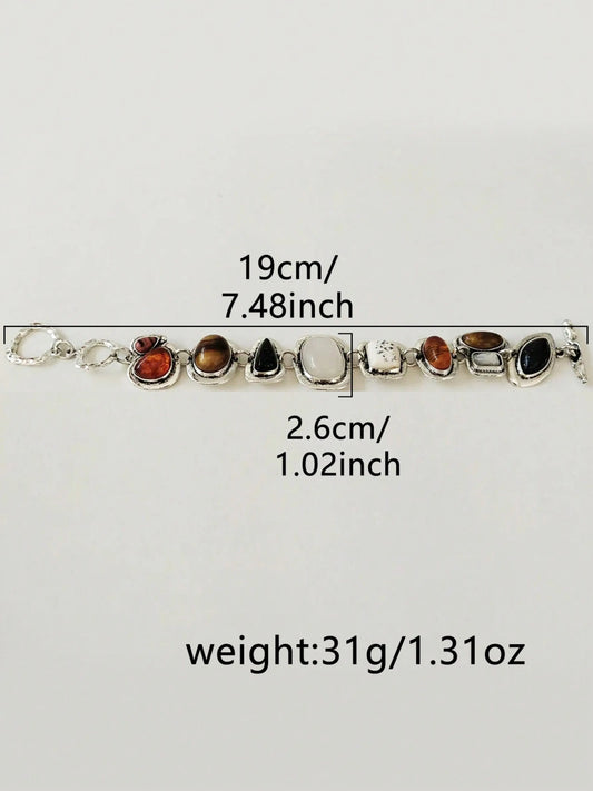 New Za Bohemian Vintage Bracelet, Women's Fashion Silver Color Metal Hollow Chain Pendant Resin Handmade Jewelry Gift, Trendy Bangle, Fashionable Bracelet Style, Fashionable Chunky Bangles, Bracelets Bangles