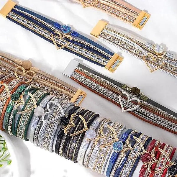 September Laurel  Leather Bracelets for Women Warp Bracelet Stackable Boho Layered Bracelet Chunky Heart Trendy Birthday Gifts for Her