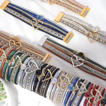 September Laurel  Leather Bracelets for Women Warp Bracelet Stackable Boho Layered Bracelet Chunky Heart Trendy Birthday Gifts for Her