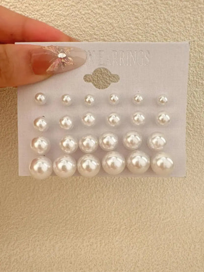 12 Pairs/24 Pieces Classic Faux Pearl Zircon Pearls Earrings Set, Mixed Sizes Elegant Ear Jewelry Combo, Women's Daily Minimalist Gift