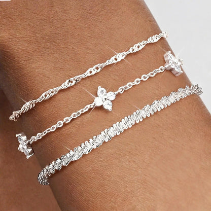 Women's 3pc Adjustable Bracelets Set - 14K Gold-Plated & Silver-Tone Layered Link Chains with Zirconia Beads, 7.9in Classic Exquisite Fashion Wrist Jewelry for Daily Stacking, Jewelry for Women