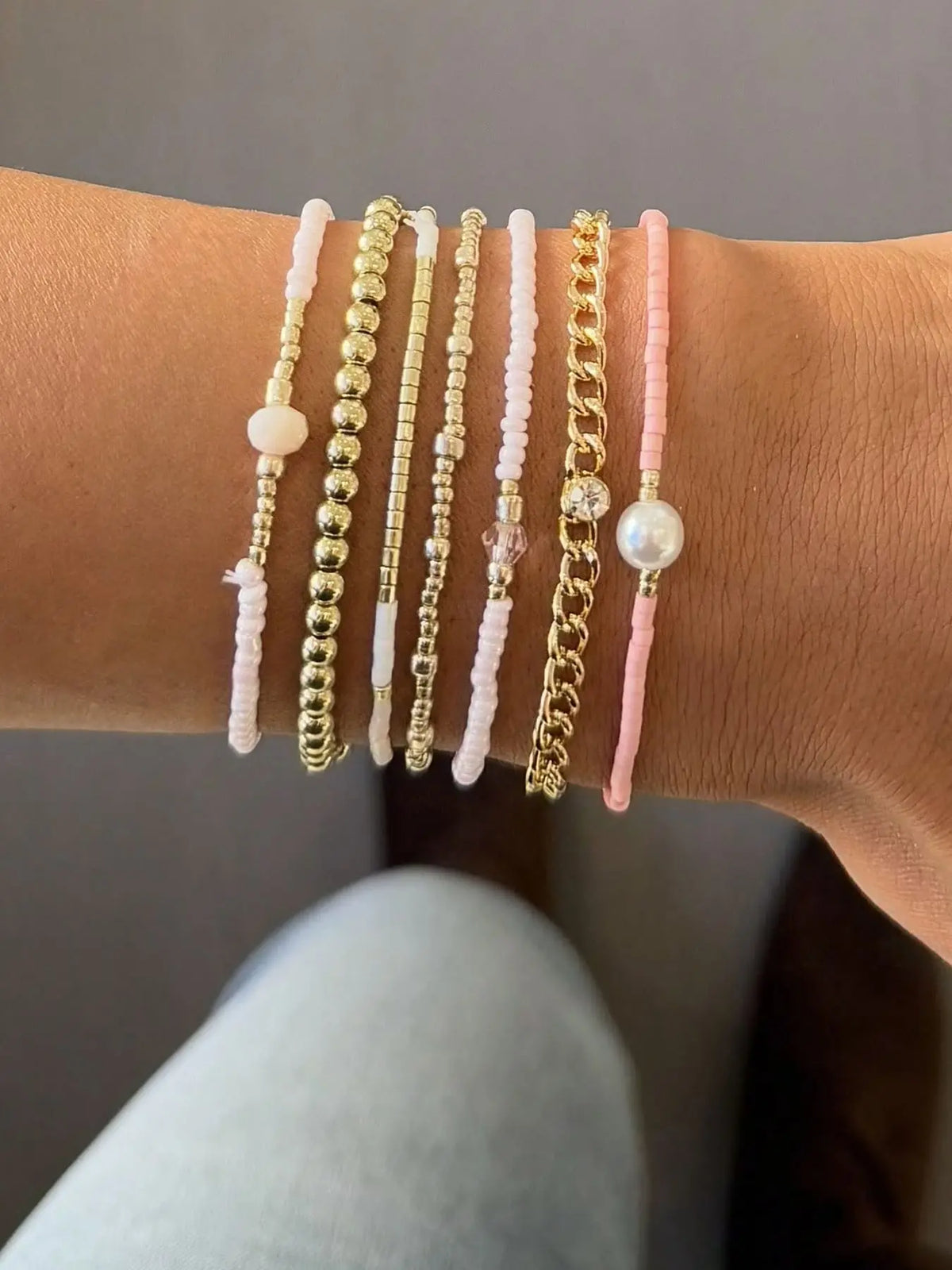 7-Piece Women's Bracelet Set, Elegant Beaded Zircon Jewelry, Boho Style Faux Pearl Layered Adjustable Bracelets, Perfect for Daily & Party Wear, Gift Idea