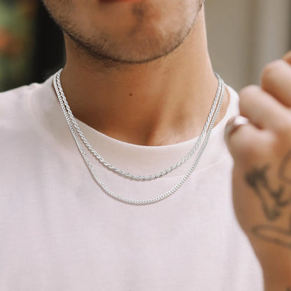 Tewiky Men's 2-Piece 3mm Layered Cuban Link & Rope Chain Necklaces Set Pack, 18-28in Silver Adjustable Men's Jewelry, Daily Wear Trendy Summer Accessory, Cool Gifts for Guys Birthday Gifts for Him