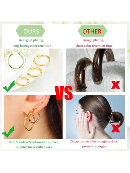 Gold Hoop Shape Circle Shape Earrings Set Stainless Steel Rounded Small Huggie Earrings for Women, 10/12/15/20mm Nickel Free Hoops, Cute Casual Style, Hypoallergenic Jewelry, Fashion Earring, Ear Accessories, Hoop Earring Sets