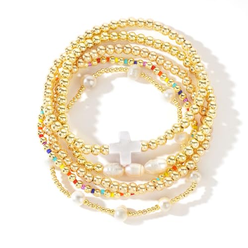 14K Gold Plated Pearl Beaded Cross Bracelets Stack Set for Women,Stretch Boho Colorful Christian Beads Ball Jewelry Friendship Summer Trendy Gift