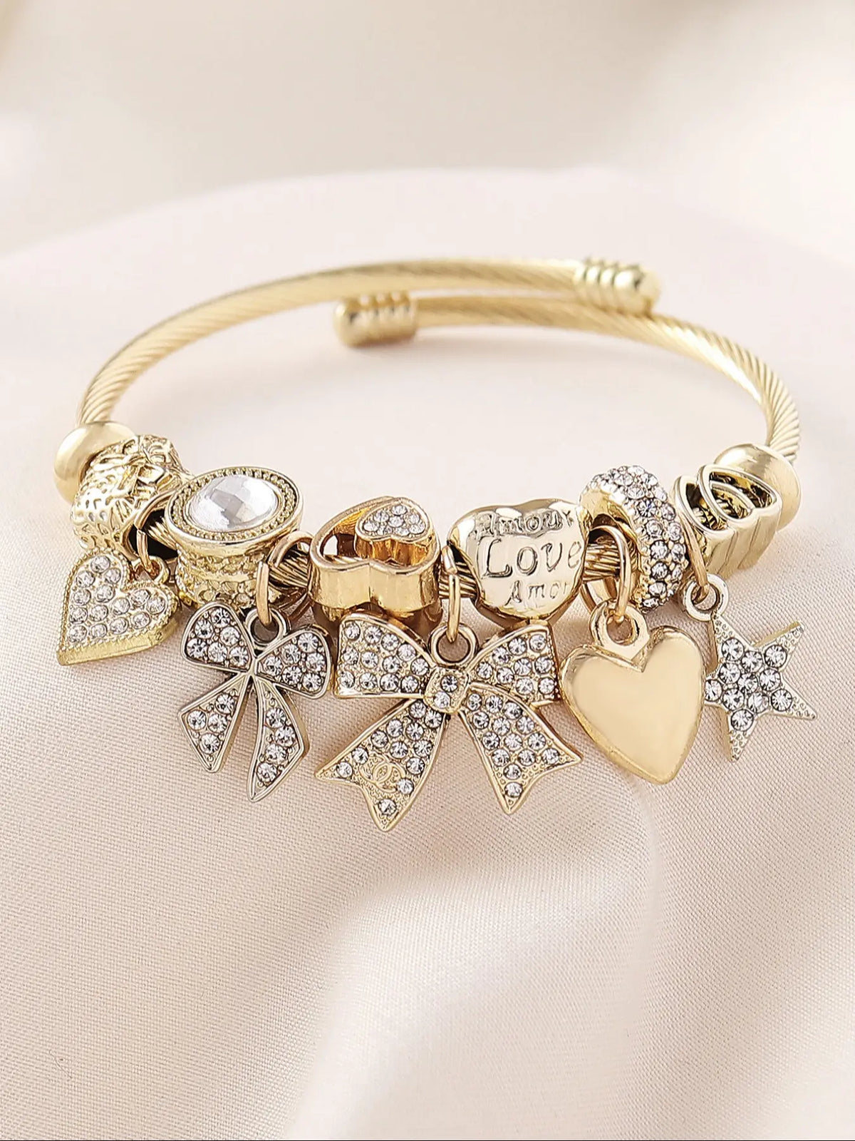 Elegant Women's Stainless Steel Open Bangle Bracelet, Handmade Beaded Rhinestone Butterfly Star Heart Pendant, Exquisite Bracelet, Perfect Gift for Parties