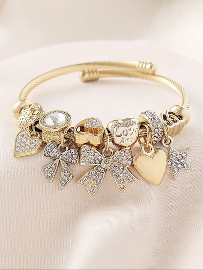 Elegant Women's Stainless Steel Open Bangle Bracelet, Handmade Beaded Rhinestone Butterfly Star Heart Pendant, Exquisite Bracelet, Perfect Gift for Parties