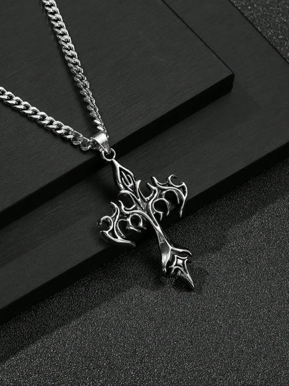 Men's Fashion Hip Hop Vintage Cross Pendant Necklace, Cuban Link Chain Necklace, Street Style Urban Edge Trendy Jewelry, Gothic Cross Design, Unique Fashion Accessory, Cross Necklaces