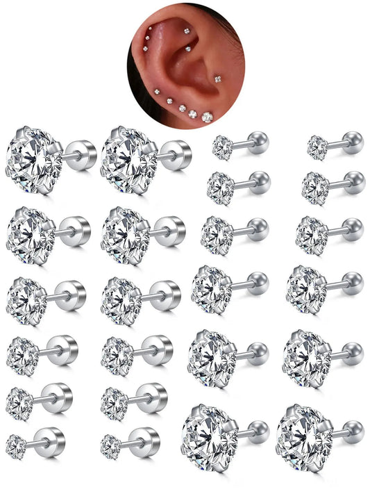 Unisex Rhinestone Decor Stud Earrings, Sparkling Ear Jewelry, 12 Pairs Stainless Steel Cartilage Earrings for Women & Girls, All-match Jewelry As Birthday Gift, Stud Earring Sets, Ear Studs, Earring Pack