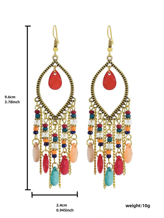 Boho Style Hollow Out Water Drop & Tassel Design Cubic Zirconia Dangle Earrings, with Beaded Decor, Fashionable Jewelry for Women, Daily Clothing Decor, Trendy All-match & Exquisite Jewelry for Birthday Gift