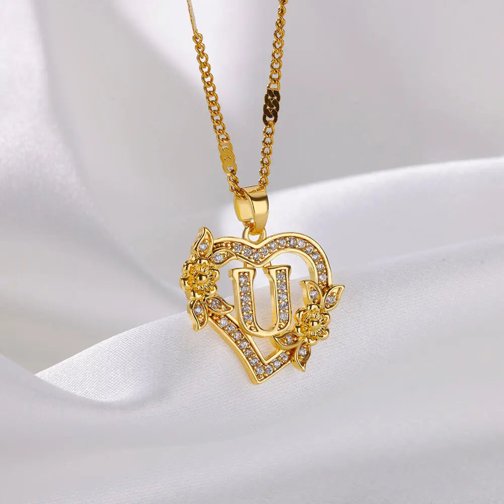New Fashion Letter Detail Heart Shaped Pendant Necklace, Love Necklace for Women for Summer, Rhinestone & Flower Decor Stainless Steel Matching Necklace Jewelry, Girl's Temperament Cloths Accessory for Daily Wear