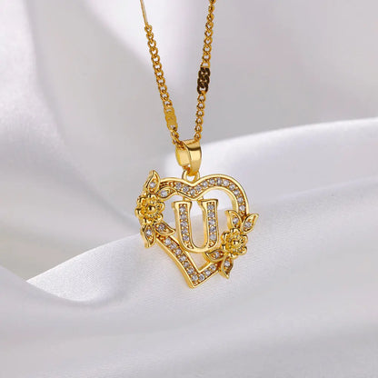 New Fashion Letter Detail Heart Shaped Pendant Necklace, Love Necklace for Women for Summer, Rhinestone & Flower Decor Stainless Steel Matching Necklace Jewelry, Girl's Temperament Cloths Accessory for Daily Wear