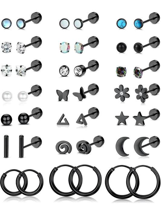 21 Pairs of Stainless Steel Flat Back Earrings, Hoop Earrings and Studs, 20G Screw Back Posts, Flatback Cartilage Earrings for Stacking, Earring Stacks, Hypoallergenic Jewelry for Sensitive Skin, Earrings Set