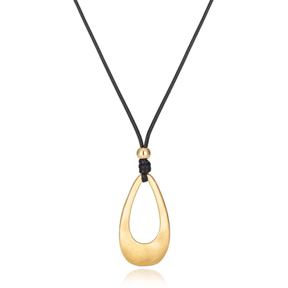 Brushed Gold Plated Classic Teardrop Pendant Long Necklace for Women, Adjustable Length Brown Wax Cord Sweater Chain Fashion Jewelry Gifts