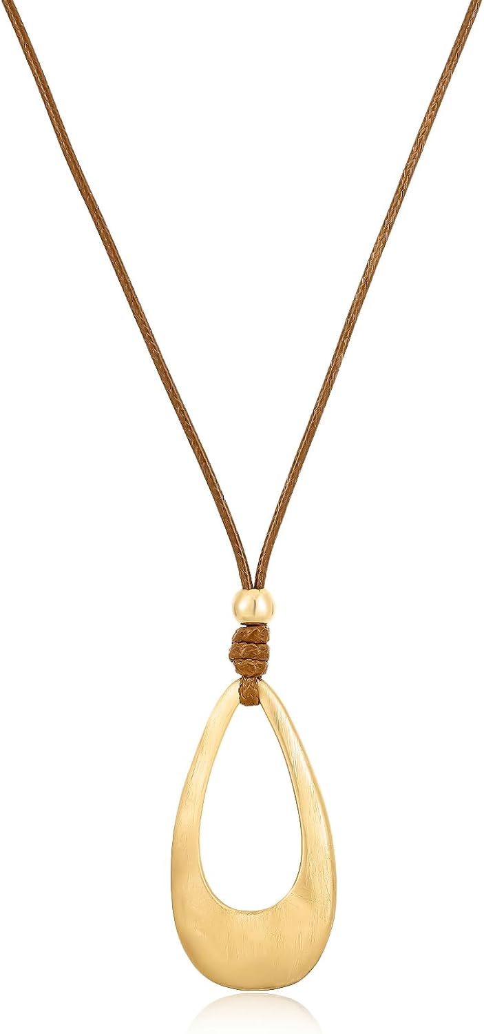 Brushed Gold Plated Classic Teardrop Pendant Long Necklace for Women, Adjustable Length Brown Wax Cord Sweater Chain Fashion Jewelry Gifts