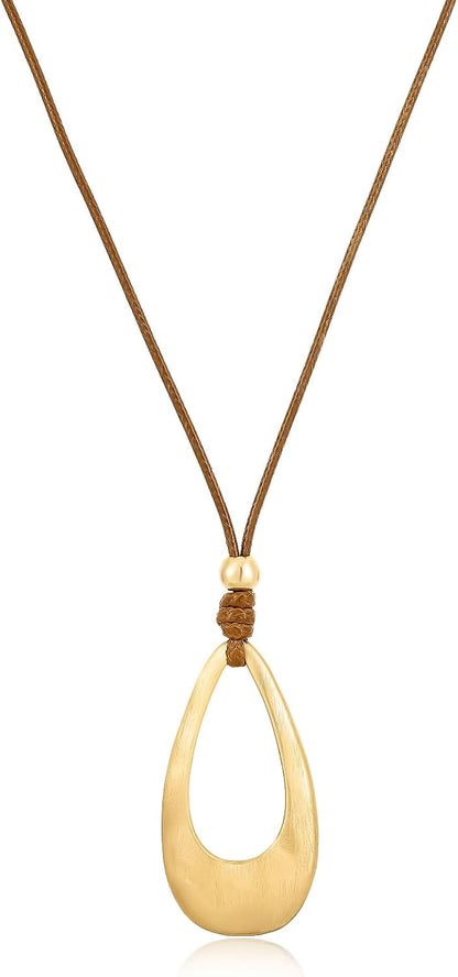 Brushed Gold Plated Classic Teardrop Pendant Long Necklace for Women, Adjustable Length Brown Wax Cord Sweater Chain Fashion Jewelry Gifts