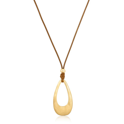 Brushed Gold Plated Classic Teardrop Pendant Long Necklace for Women, Adjustable Length Brown Wax Cord Sweater Chain Fashion Jewelry Gifts