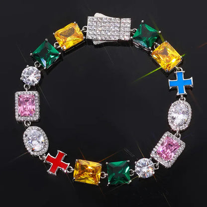 Colorful Dopamine Zircon Bracelet, Iced-Out Cross Gemstone Hip Hop Bracelet for Men and Women