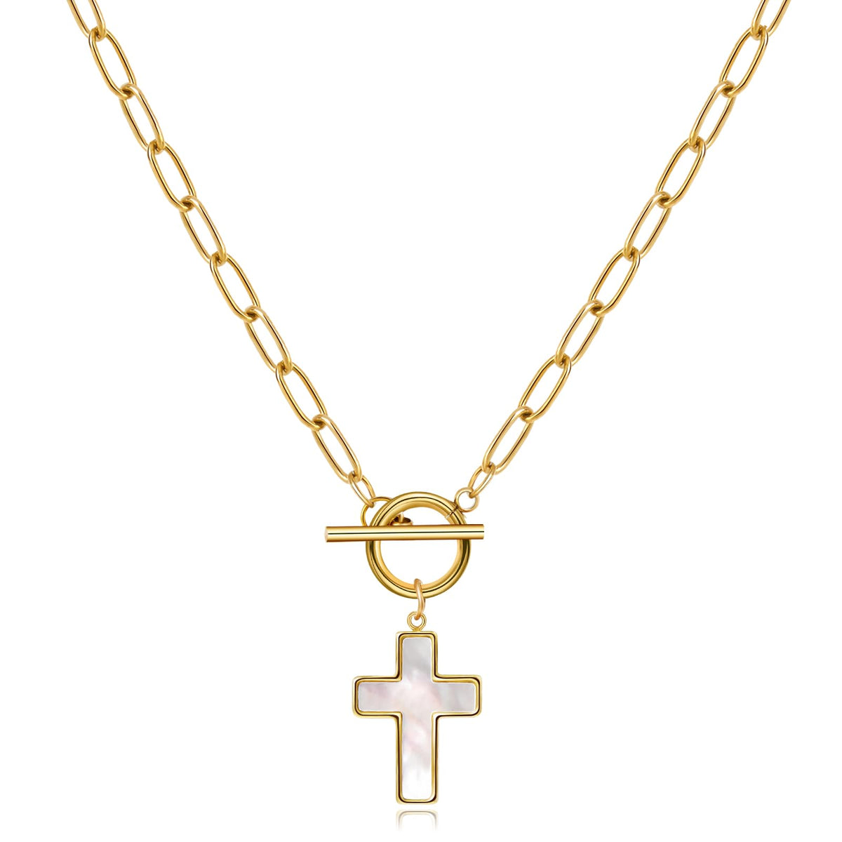 18K Gold Necklace for Women Trendy White Natural Shells Toggle Clasp