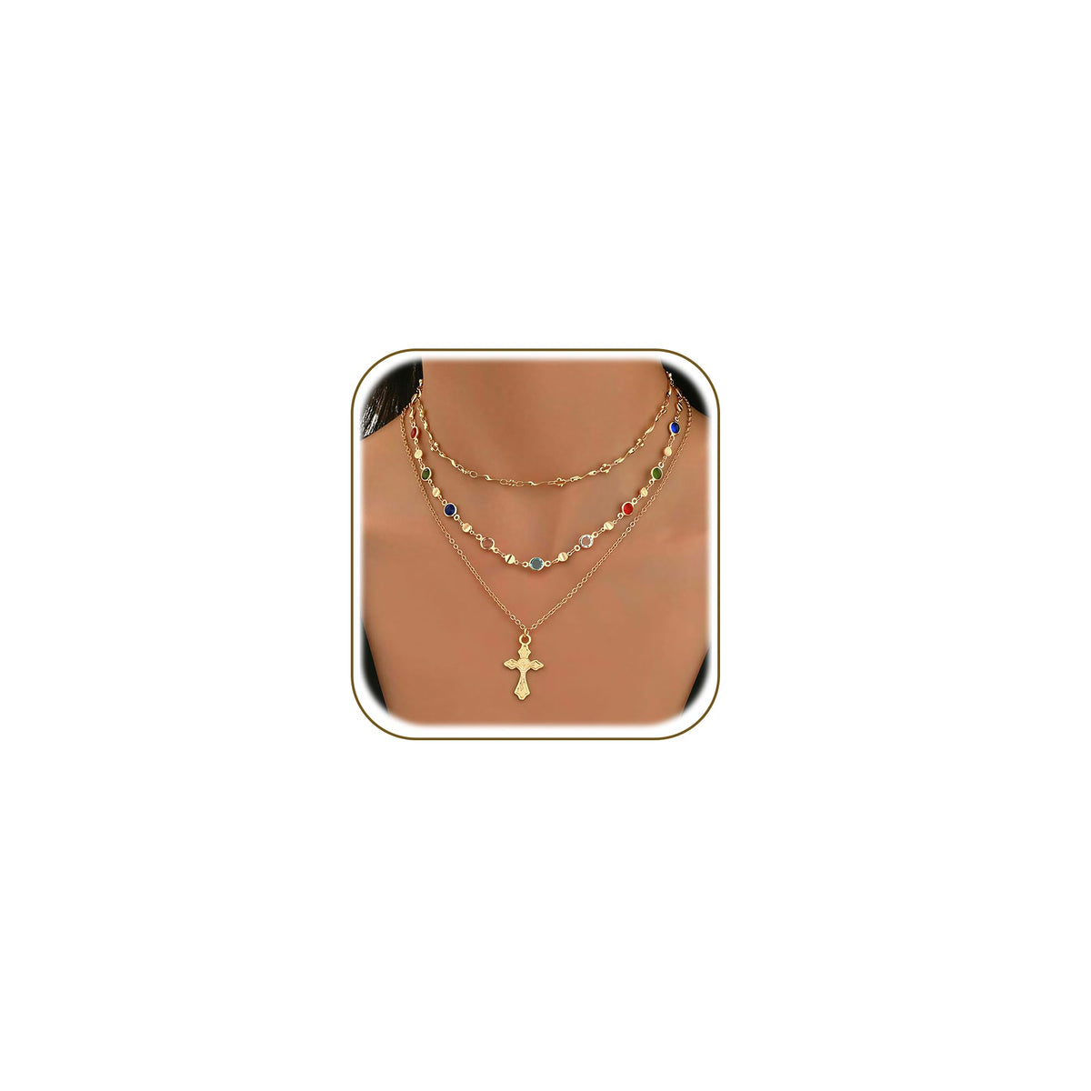 4PCS Layered Gold Cross Necklaces for Women Trendy, Bohemian Bead Pearl Y Long Pendant Necklace Set, Vintage Rosary Necklace Stack Adjustable Length