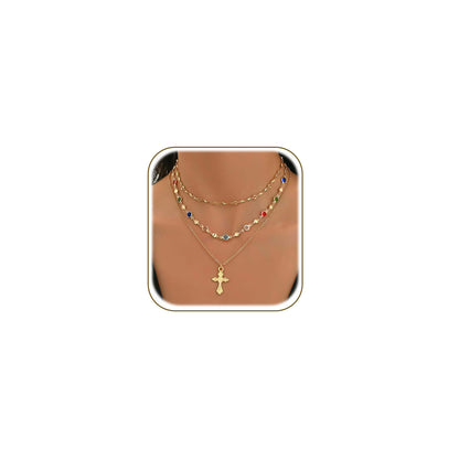 4PCS Layered Gold Cross Necklaces for Women Trendy, Bohemian Bead Pearl Y Long Pendant Necklace Set, Vintage Rosary Necklace Stack Adjustable Length