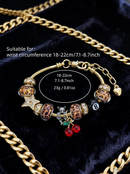 Women's Leopard Print Rhinestone Cherry Pendant Bracelet, Sexy Style Iron Chain Jewelry for All Seasons, Perfect Gift for Women, Trendy Jewelry, Charm Bracelets, Fashionable Bracelet, Bracelet with Pendant