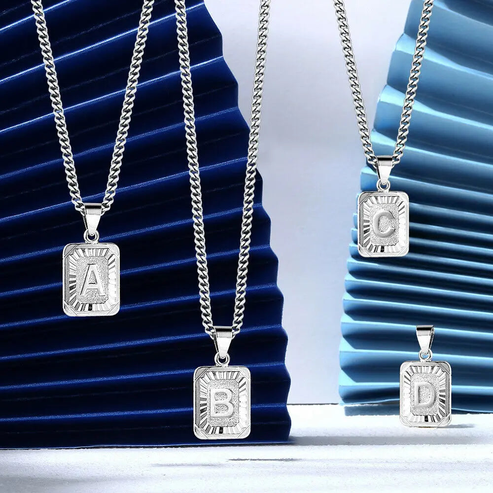 Hermah Silver Color Initial Letter A-Z Pendant Necklace 18"-22" Stainless Steel Curb Chain Charm Jewelry