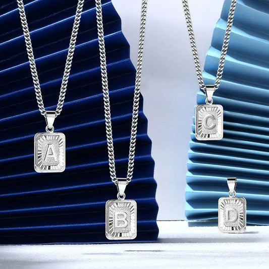 Hermah Silver Color Initial Letter A-Z Pendant Necklace 18"-22" Stainless Steel Curb Chain Charm Jewelry