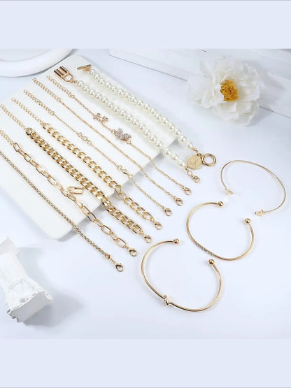 46 Pcs Gold Plated Elegant Fashionable Matching Jewelry Set, Necklace Gift Set for Women, Necklace & Bracelets & Knuckle Rings & Ear Cuffs & Earrings, Women's Accessories