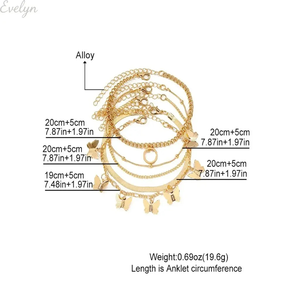 Women's 5-Piece Adjustable Stackable Bracelets Set, Dainty Gold Tone Minimalist Chain Bracelet with Butterfly Charm, Durable Metal for Layering & Everyday Casual Streetwear.