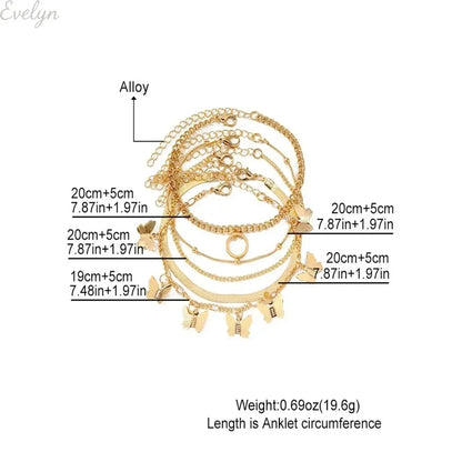 Women's 5-Piece Adjustable Stackable Bracelets Set, Dainty Gold Tone Minimalist Chain Bracelet with Butterfly Charm, Durable Metal for Layering & Everyday Casual Streetwear.