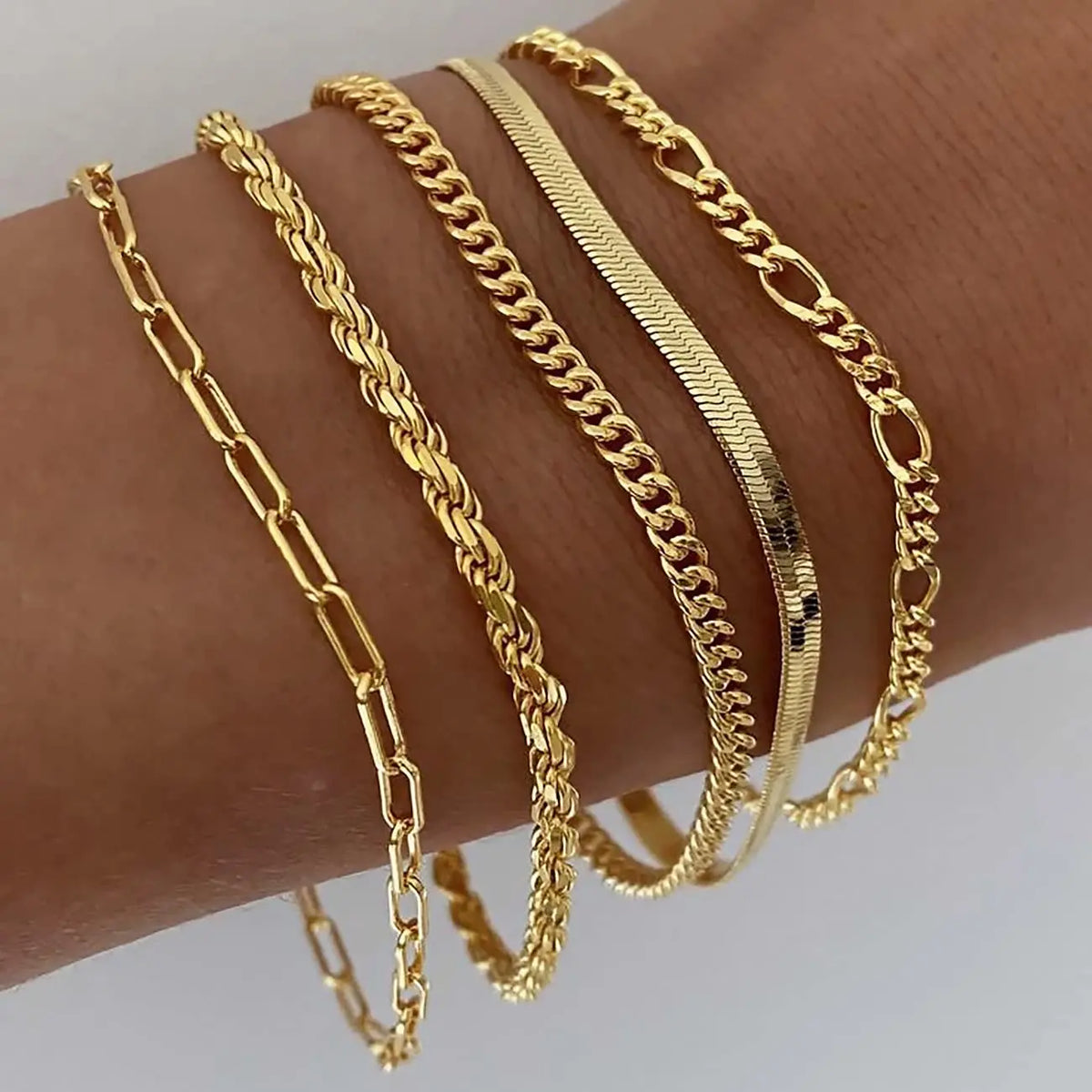 TEWIKY Women's 5-Piece Thin Dainty Gold Aesthetic Bracelet Stack Set, Chain Styles Including Paperclip, Cuban Link & Greenish Beads, Adjustable 6.5in Metal Coating Jewelry for Everyday Wear, Casual, Stackable Sets