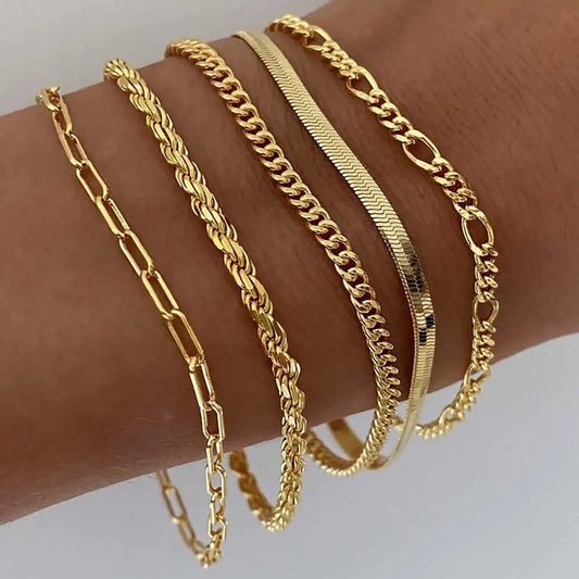 TEWIKY Women's 5-Piece Thin Dainty Gold Aesthetic Bracelet Stack Set, Chain Styles Including Paperclip, Cuban Link & Greenish Beads, Adjustable 6.5in Metal Coating Jewelry for Everyday Wear, Casual, Stackable Sets