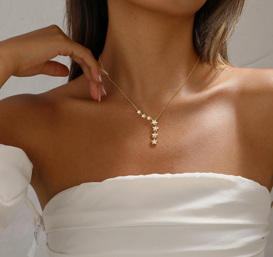 CAROVO 18K Gold Plated Crystal Dainty Star CZ Charm Y-Necklace for Female - Non Tarnish Charming Adjustable Jewelry, Anniversary Thanksgiving Gift