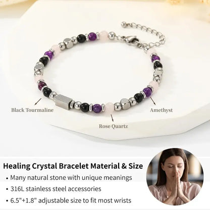 Women's Natural Amethyst Beads Healing Crystal Bracelet - Triple Stone Mix Natural Stones, Adjustable (6.5+1.8 in), Skin-Safe Metals, 1-Piece Unique Jewelry, Gift-Ready Charm, Daily Wear Fashion Accessory